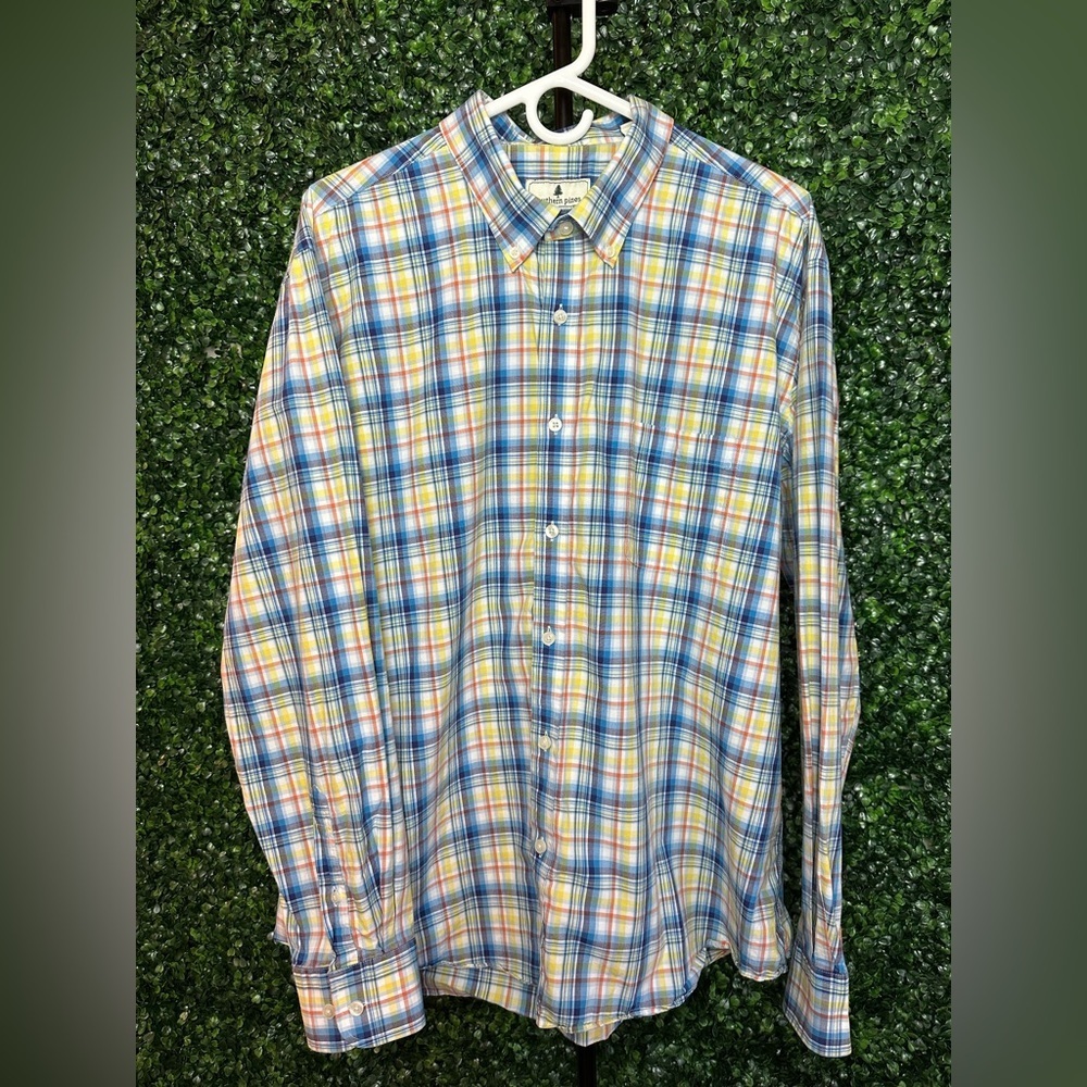 Southern Pines Men’s Long Sleeve Button Down Yellow and Blue Plaid Dress Shirt‎